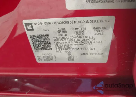 2021 GMC Sierra 1500 2Wd Short Box Elevation из США, поврежденный, VIN 3GTP8CED0MG275843